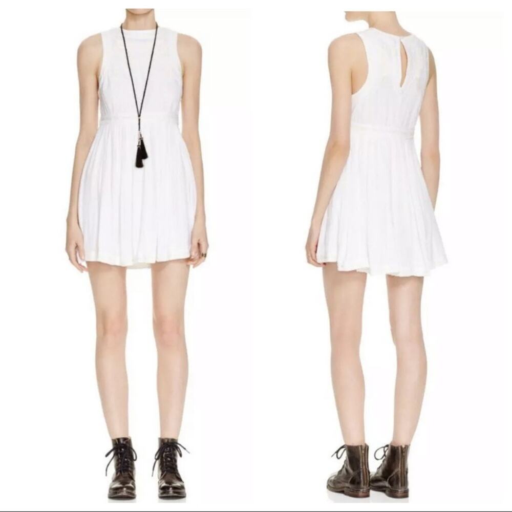 Free People White Embroidered Birds of Feather Fit & Flare Mini Dress Size 4